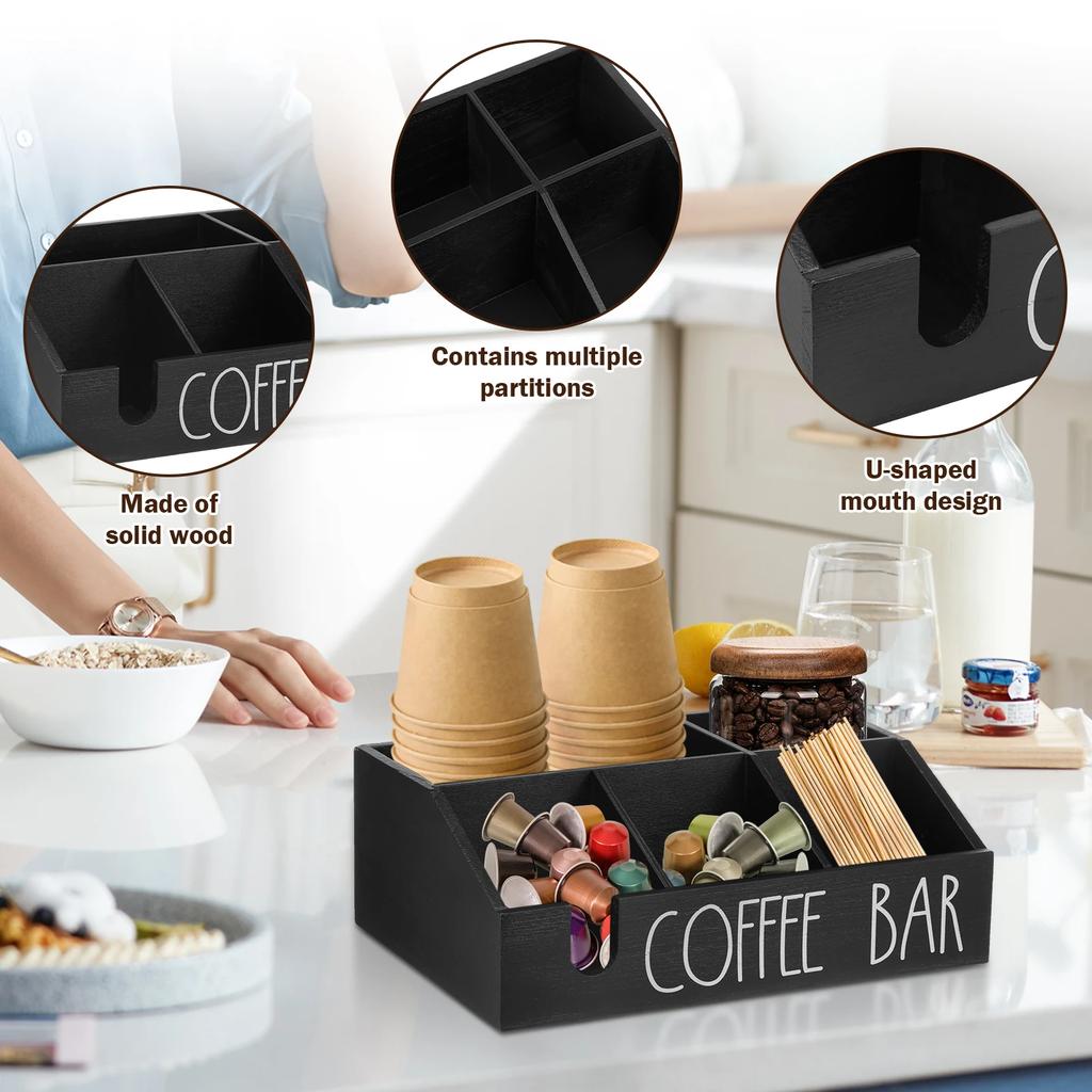 Wooden Coffee Storage Box Multi Compartment Wood Coffee Pod Tea Bag Holder with Slot Multi-Purpose Coffee Bar Storage Holder