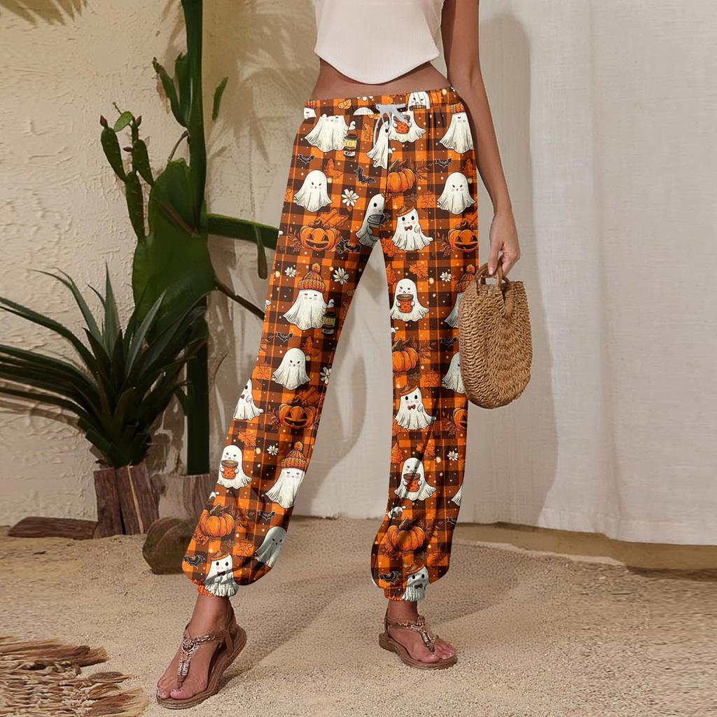 Women's Halloween Print Casual Jogger Pants with Drawstring Elastic Waist and Cuffed Hem