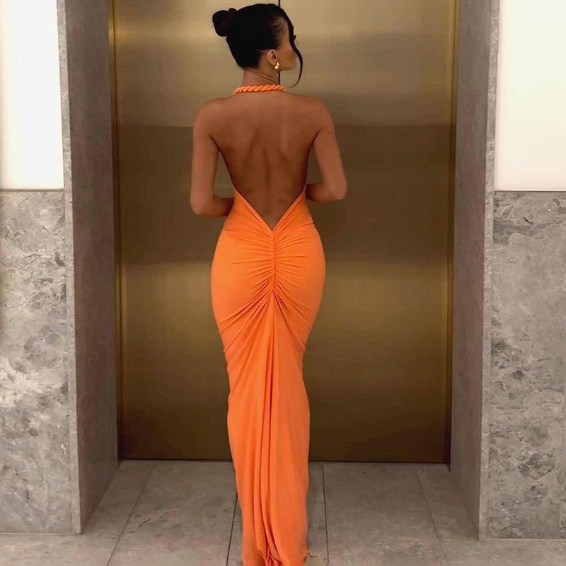 

Европейское и американское платье-бодикон с халтером, открытой спиной и драпировкой - Весенне-летняя женская мода 2024 S оранжевый