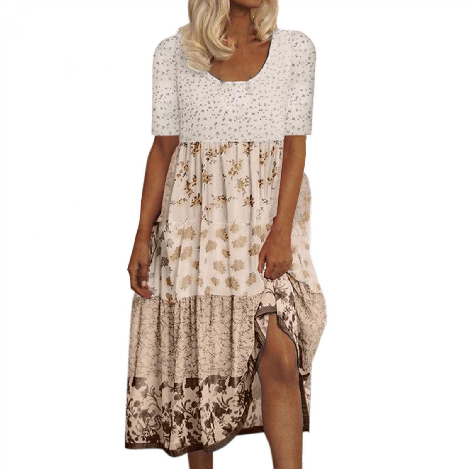 

Женское модное повседневное платье макси с цветочным принтом в стиле бохо с коротким рукавом и круглым вырезом, пляжное струящееся пляжное платье для вечеринок XL