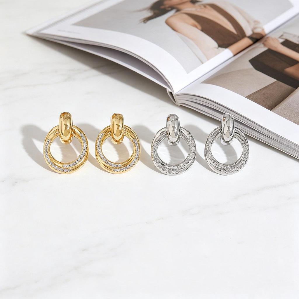 Real Gold-Plated Star Double Ring Rhinestone Geometric Stud Earrings for Women
