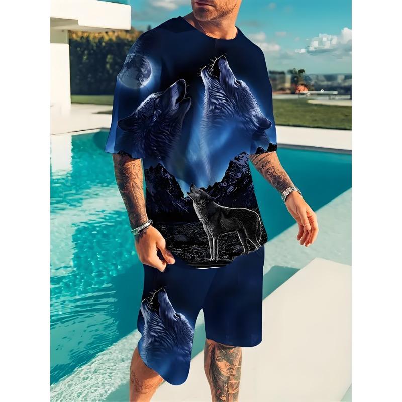 Modisches Löwen Tiger Tier Grafik T-Shirt Shorts Set Sommer Kurzarm Oberteil Kordelzug Shorts 2-teiliges Set Herren Sportbekleidung Anzug