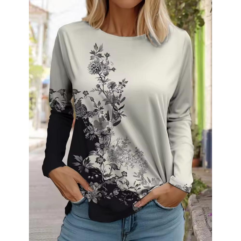 Women's Christmas Santa Long Sleeve T-Shirts, Festive Snowflake Print Top, Holiday Party Wear, Fall Winter Seasonal Style