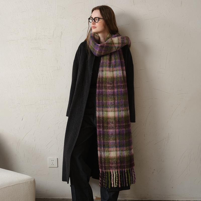 Designer Homemade Mohair Imitation Cashmere Plaid Winter Scarf Women's Thickened Warm Fringed Scarf Shawl