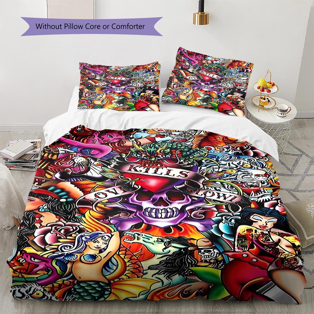 Hardy Tattoo Pattern Bedding Quilt Set Quilt Cover Pillowcase Home Decoration Gift (1 * Duvet Cover + 2 * Pillowcase, Without Core)