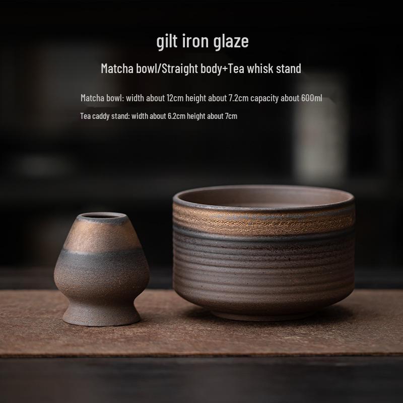 Song Dynasty-Inspired Japanese Matcha Bowl & Whisk Stand with Gilt Iron Glaze