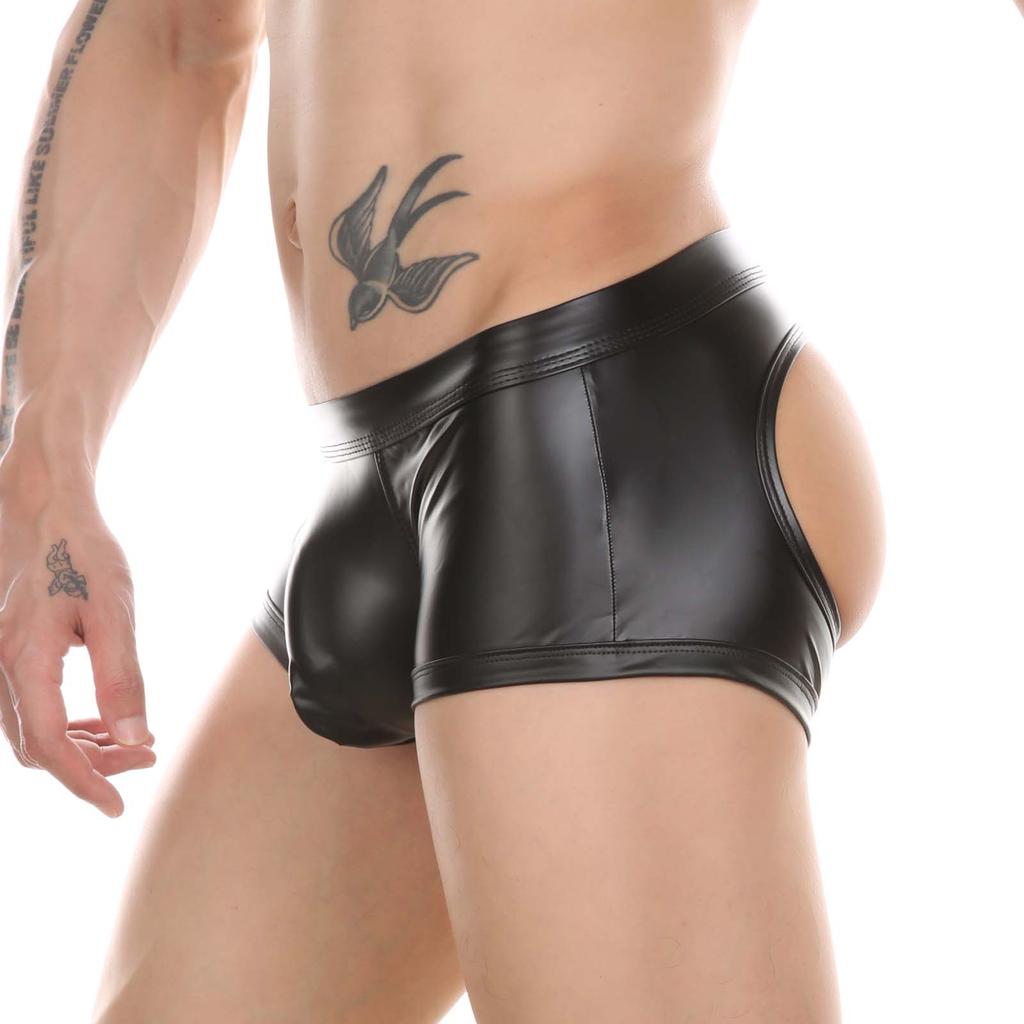 Men's Boxers Faux Leather Underwear Man Wet Look Sexy Panties Open Butt G String Underpants Buttocks Boxershorts Club