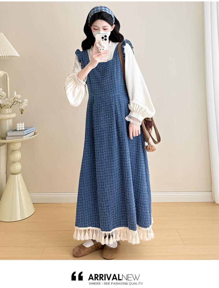 2026 Spring Tassel Plaid Maternity Denim Skirt & Lace Trim Shirt Set