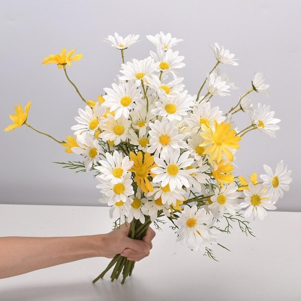 10pcs Artificial White Daisy Flowers 5 Head Long Branch Artificial Daisies Fade-Resistant Small Silk Fake Flower Bouquet
