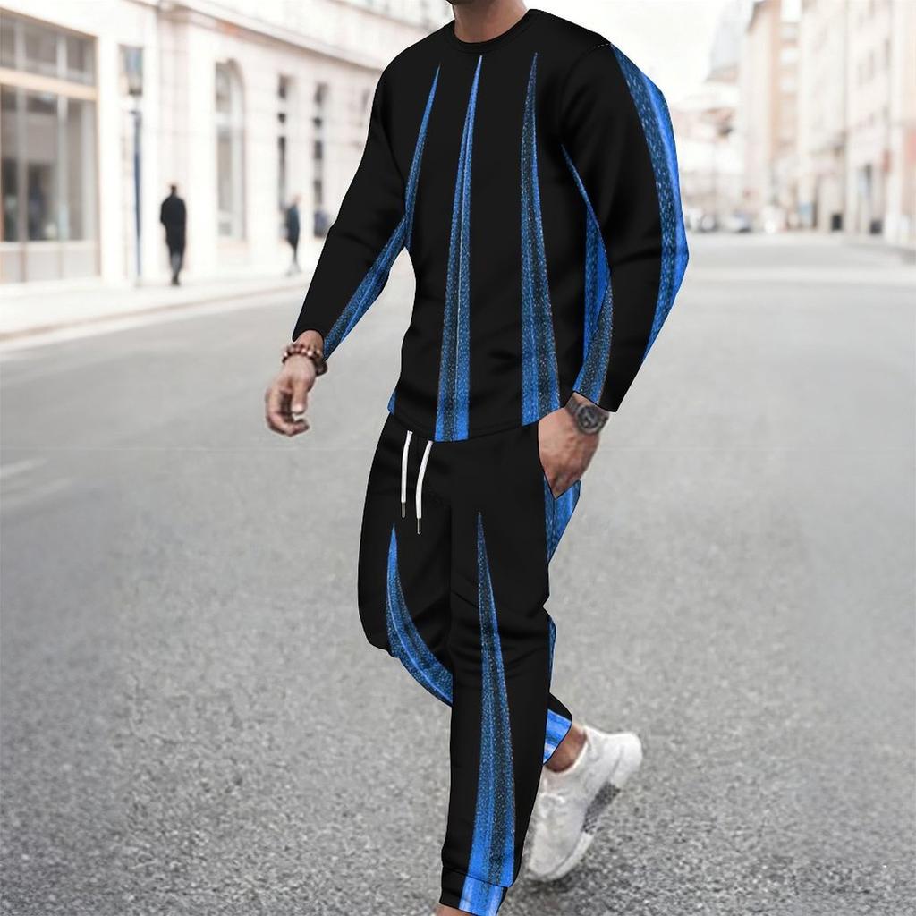 Men Black Cyan Brush Stroke Drip Gradient Print Long Sleeve Sweatshirt Jogger Pants Two Piece Suit