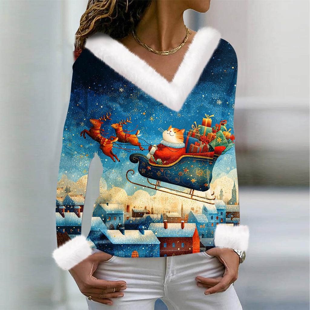 Women's T Shirt Tee Christmas Shirt Long Sleeve Party Christmas Print Fleece Collar V Neck Top