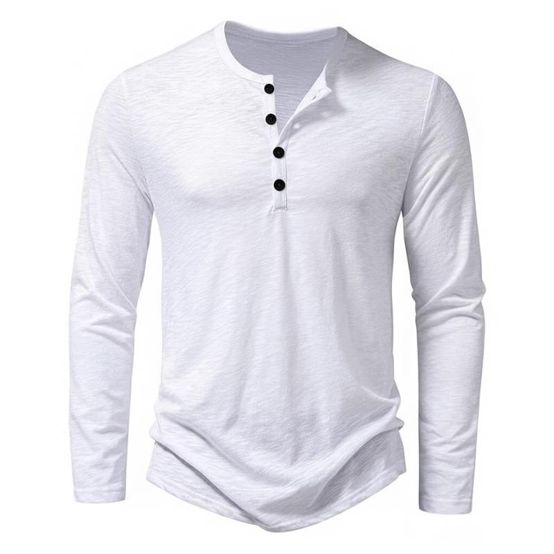 Men's Blue Heather Long Sleeve Henley Shirt Casual Button Placket Crew Neck Top