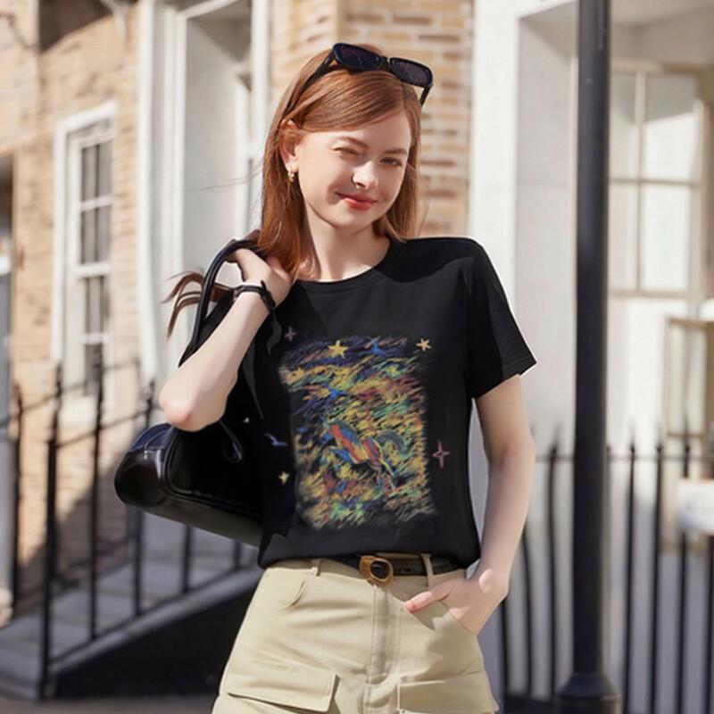 Bailuyu Artistic Knit Short Sleeve T-Shirt with Horse Print L