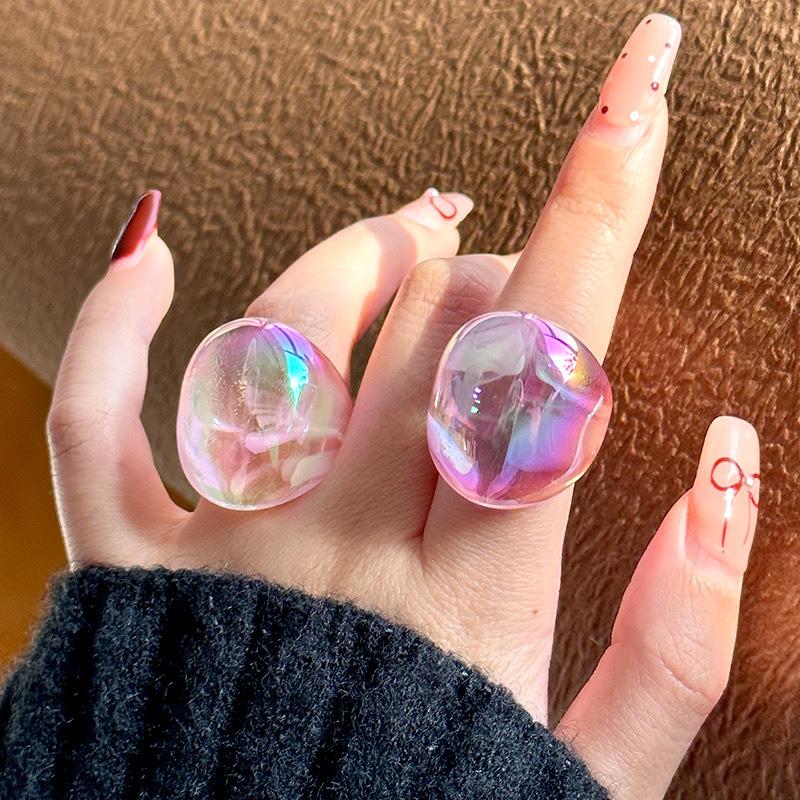 Sweet Korean Resin Shiny Glossy Geometric Gradient Colorful Wide Large Finger Ring Women's Chunky Joint Ring Personality Jewelry