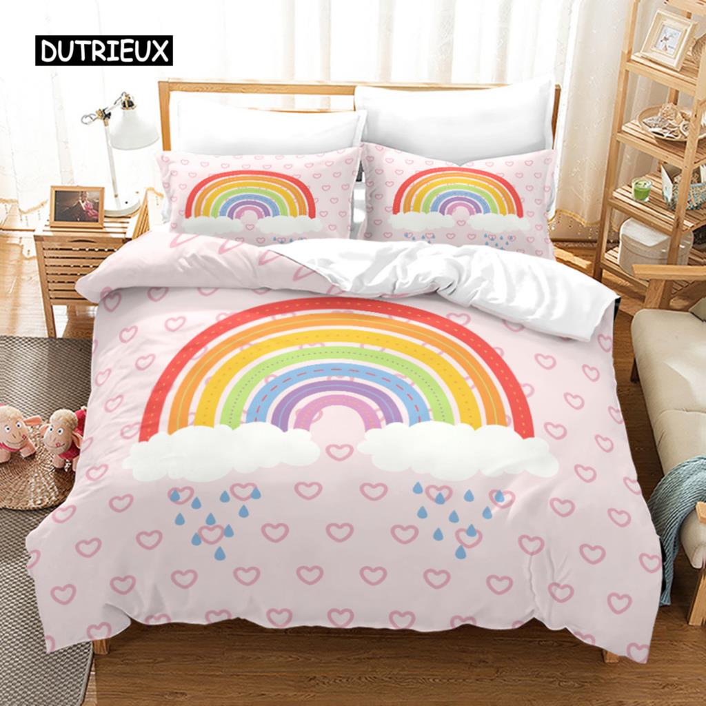 Duhová sada povlaku na přikrývku King Mikrovlákno Dívčí Estetický Duhy Ložní Sada pro Děti Kawaii Hrad Dezert Vzor Povlak na Prošívanou Přikrývku