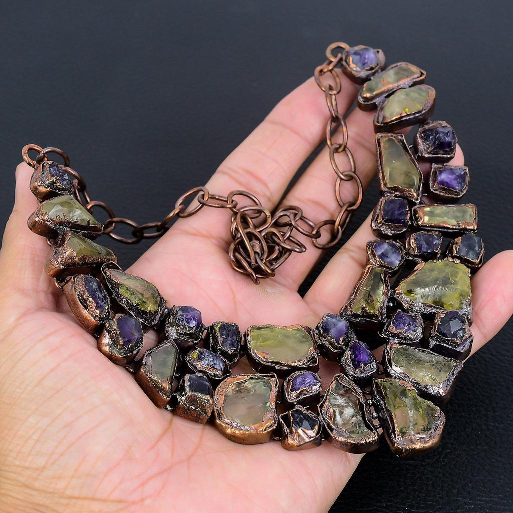 Citrien Ruwe Edelsteen Ketting, Koper Elektrogevormd Handgemaakte Ontwerper Ketting Sieraden, Verstelbare Ketting Ketting Cadeau Voor Vrouwen
