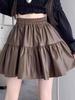Plus Size Women's Coffee PU Leather Pleated High-Waist A-line Skirt