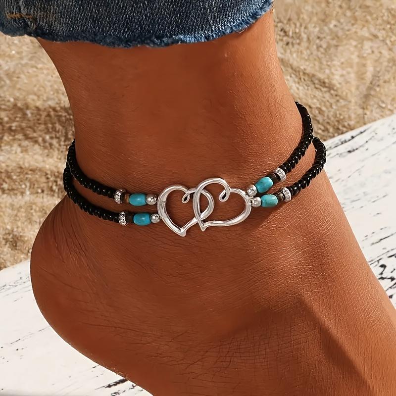 3PCS/Set Beaded Double Love Heart Elastic Boho Anklet Set Hollow Fashion Women Anklets Chic Anklets With Mini Seed Beads Multicolor  Accessories