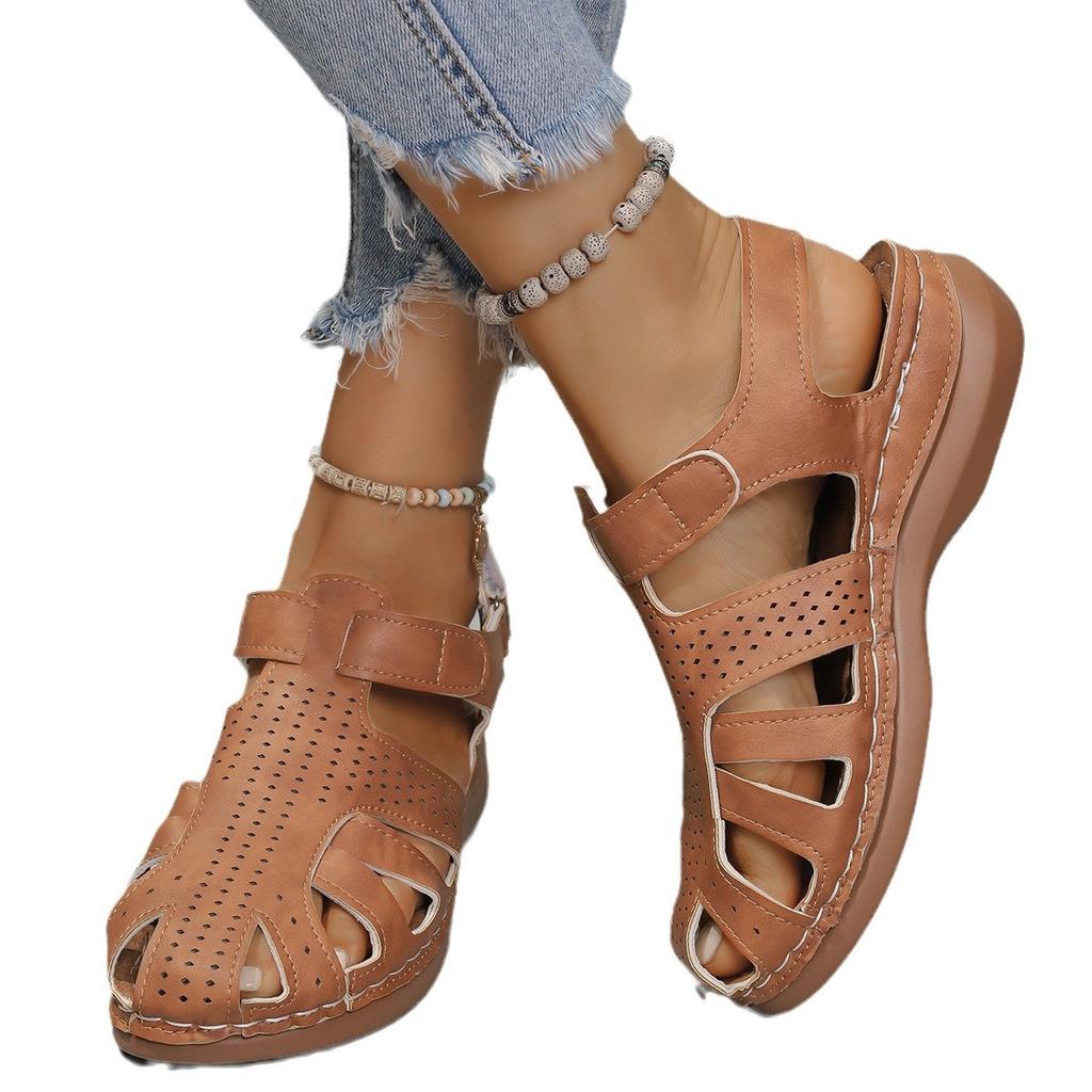 Large size casual women's slope heel new sandals women's round head hollow summer bag head Velcro hole shoes