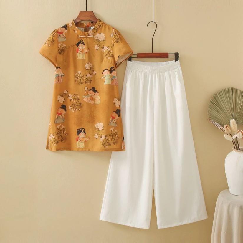 Retro Qipao Embroidered Top & Wide-Leg Pants Set - Summer Style M 45-54 kg жёлтый
