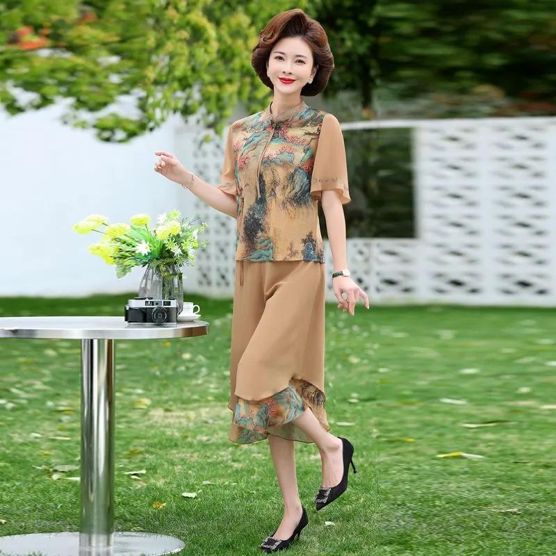 Women's Summer Chiffon Set: Short-Sleeve Blouse and Wide-Leg Pants for Mature Women Plus Size Two-Piece Outfit