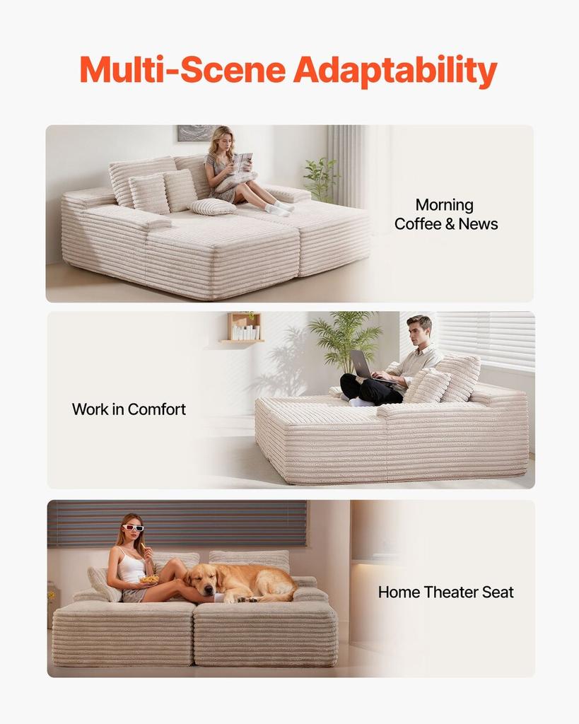 Chaise Longue Double Surdimensionnée 210 cm, Canapé Modulable en Velours Côtelé, Canapé Loveseat Confortable à Assise Profonde avec Coussins Souples et Coussins Décoratifs pour Salon