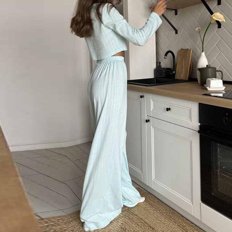 Causal Solid V Neck T-shirt Pants Suit Long Sleeve Crop Top Elastic Waist Wide Leg Pant Sets Spring Homewear Outfit