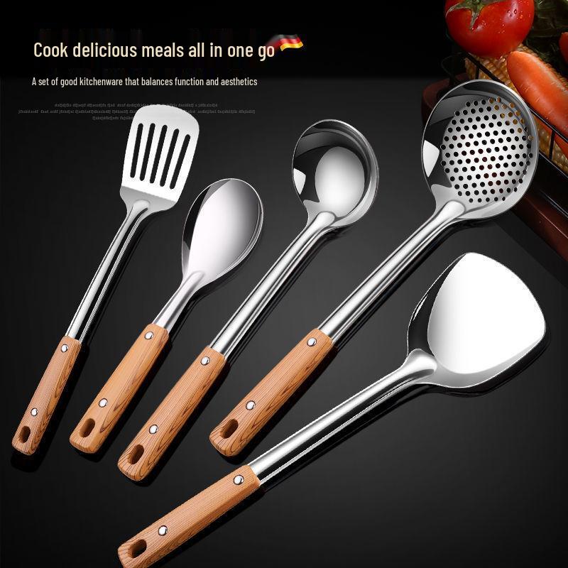 Five-Piece Kitchen Utensil Set: Non-Scalding Spatula, Spoon, Slotted Spoon, Stir-Fry Shovel, and Soup Spoon.