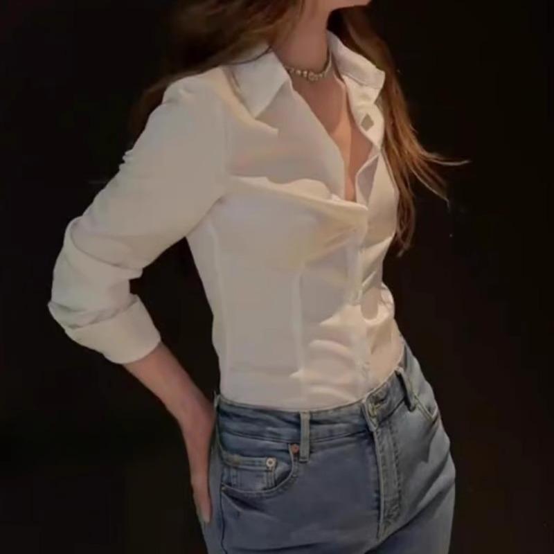 Dámská bílá košile v francouzském stylu na jaro a podzim, saténová košile, slim střih