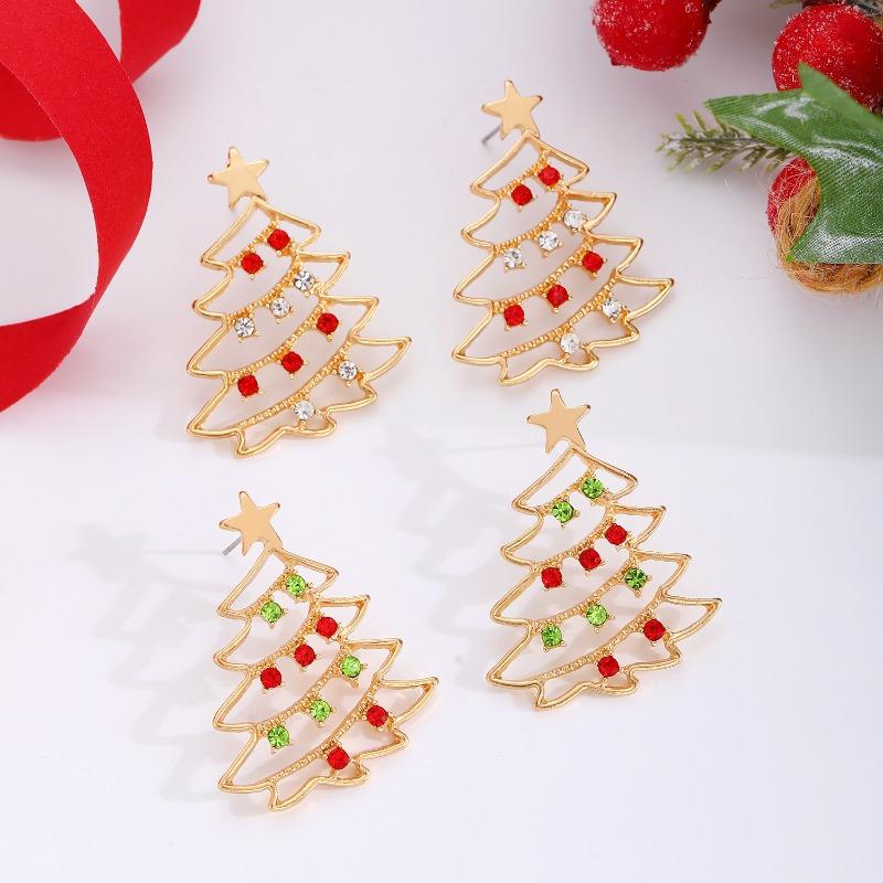 Hot Sale Colored Diamond Hollow Christmas Tree Earrings Women's Temperament Premium Christmas Pendant Earrings
