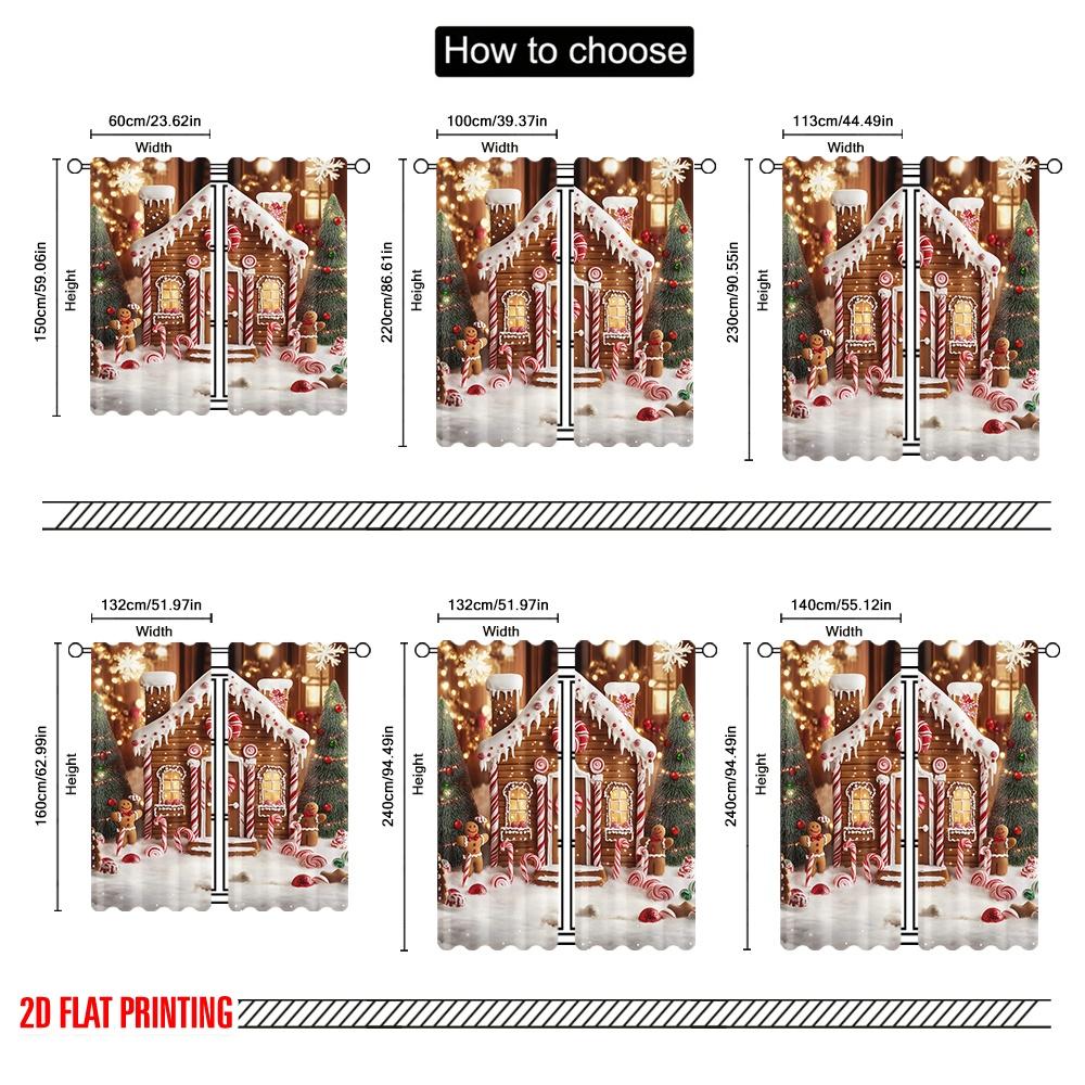 2 Stück 2D FlachdruckWeihnachts-Wintervorhänge Lebkuchenhaus Frohe Weihnachten Schnee Baum Heiligabend Party Schneeflocke Geeignet für Schlafzimmer
