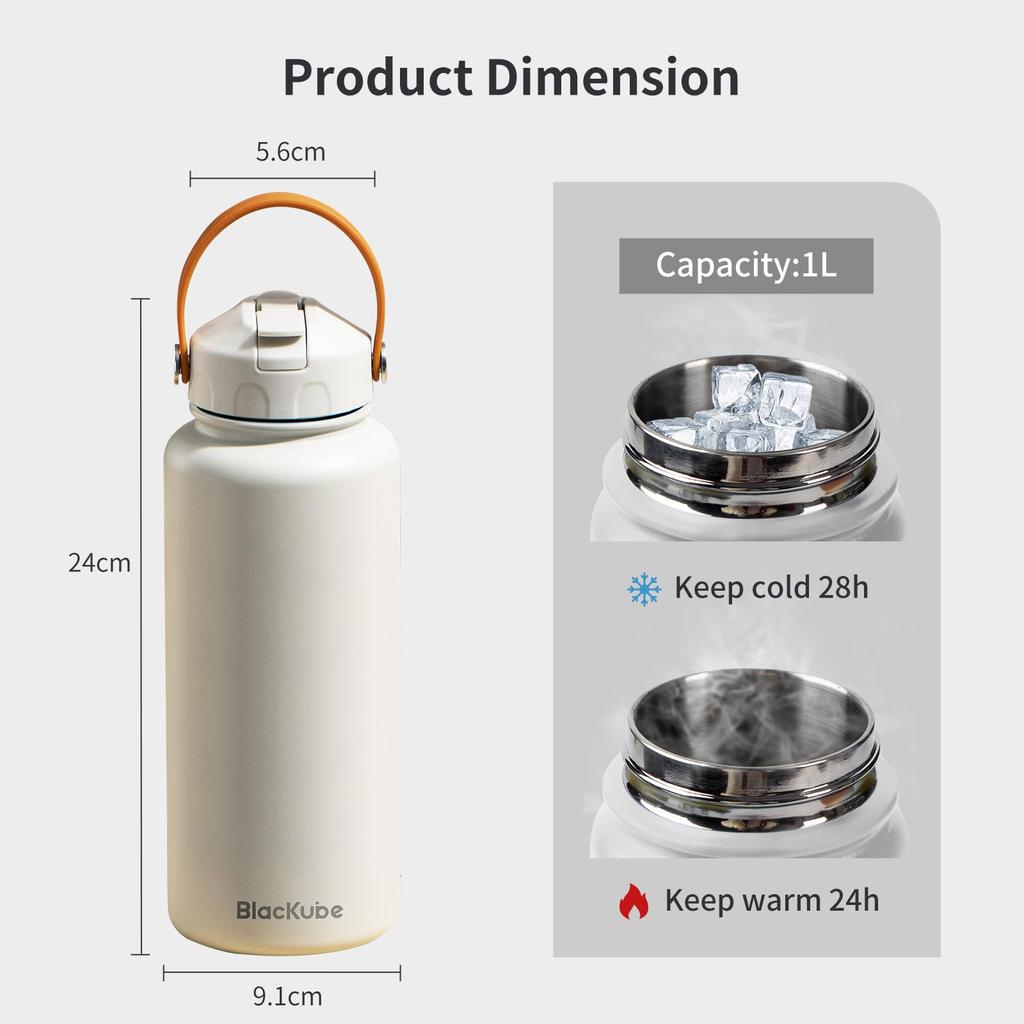 Blackube Straw Water Bottle, 1000ml, Double-Walled Vacuum-Insulated Sports Bottle, Large Capacity, Stainless Steel Thermos, Ideal for Girls and Boys,