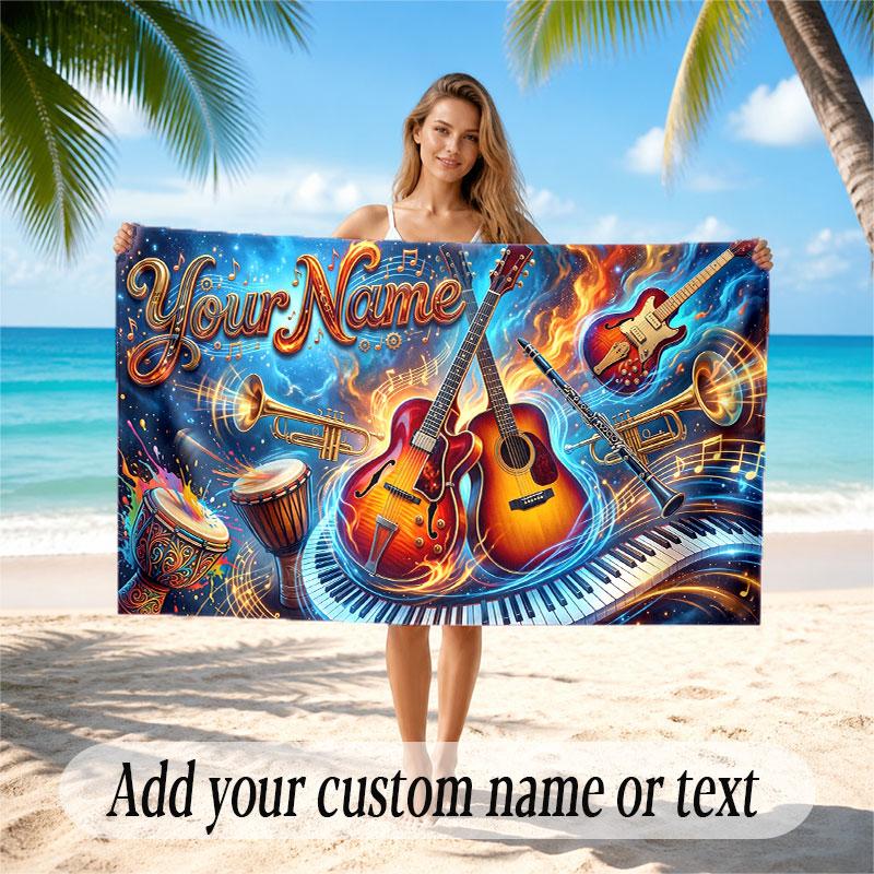 Music General Theme Beach Towel Personalized Custom Name & Text Soft Quick Dry Beach Towel for Swimming Travel
