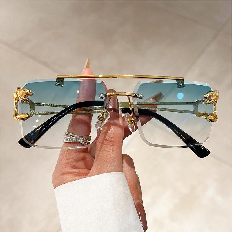 Luxury Vintage Rimless Sunglasses Women Fashion Trendy Leopard Head Frame Gradient UV400 Sun Glasses For Men