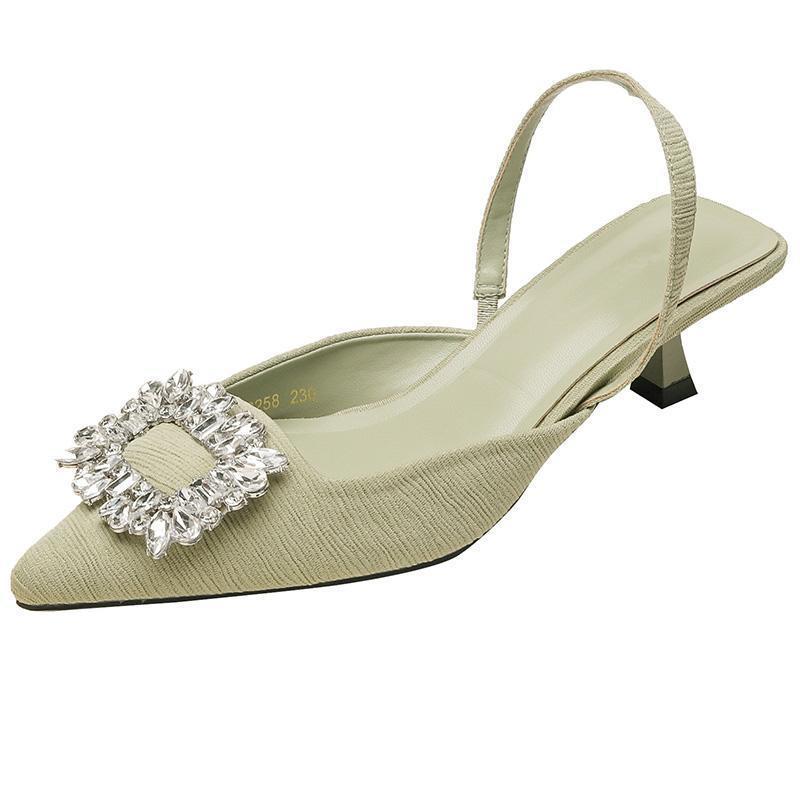 

French beige rhinestone word with sandals women s thin heel high heel fashion 2025 new summer foreign soft shoes 40