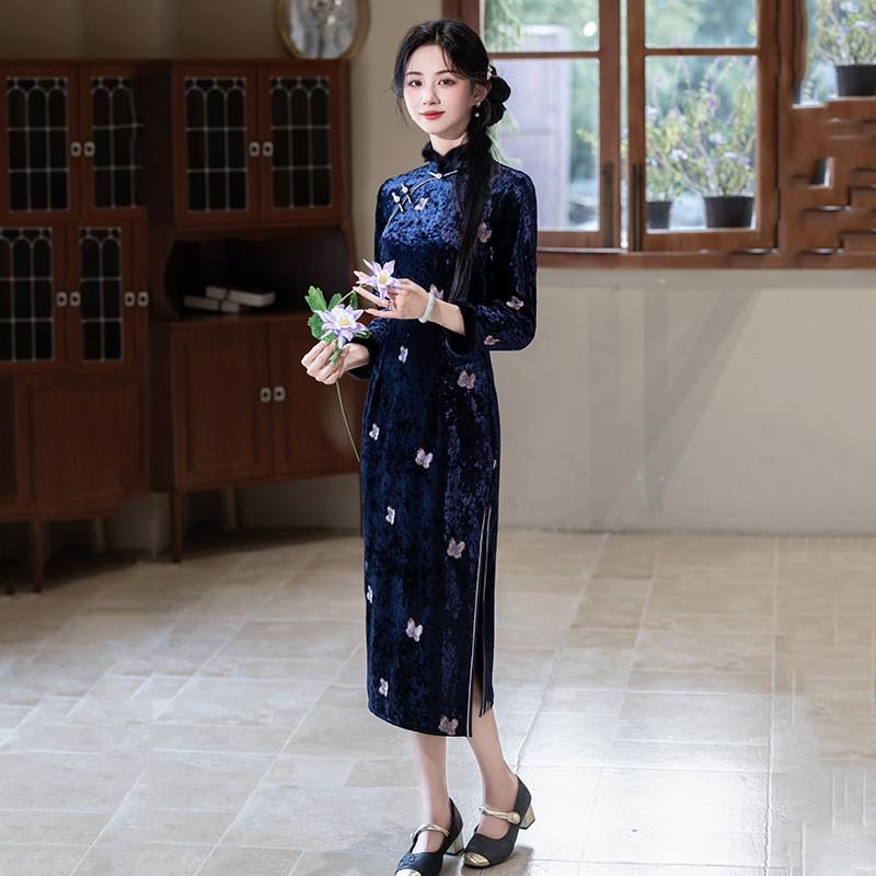 Womens Long Sleeve Velvet Winter Qipao Dress Vintage Chinese Style Modernized Fit