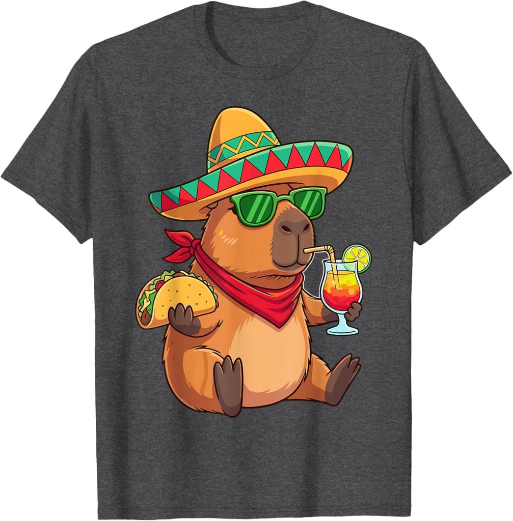 Capybara Sombrero Taco Drink Summer Fiesta Graphic Tee Shirt Casual Breathable Men