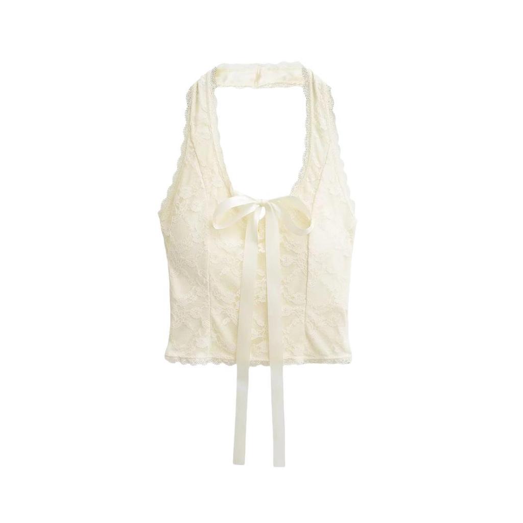 American-Style U-Neck Halter Bow Camisole with Chest Pads - Women's Lace Jacquard Slimming Top