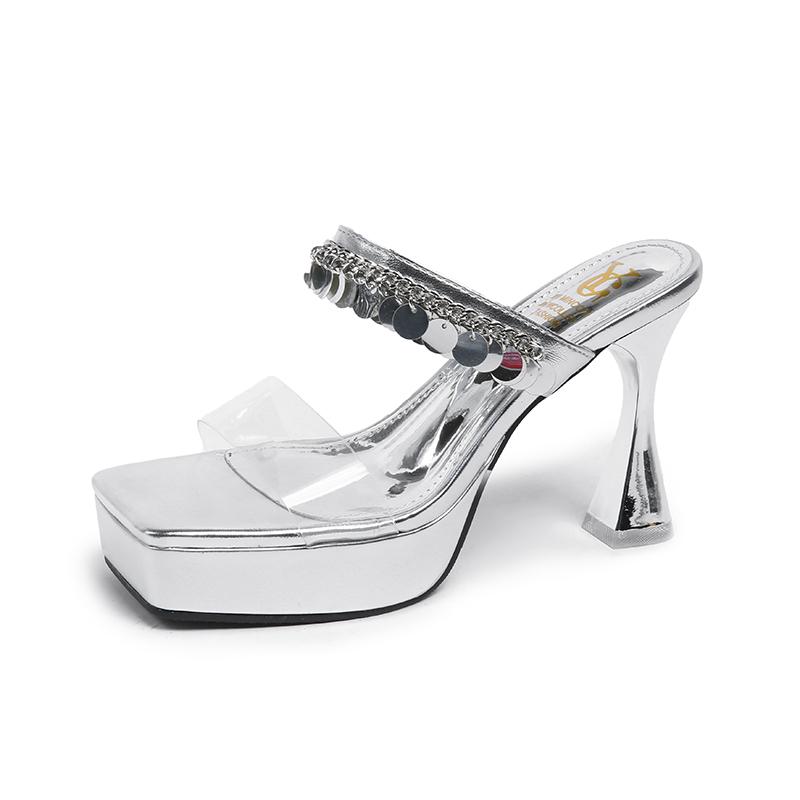 Shoes for Women 2025 Fashion New Ultra High Heels Square Toe Women's Slippers Summer Outdoor Sexy Platform Sandals with Sequins
