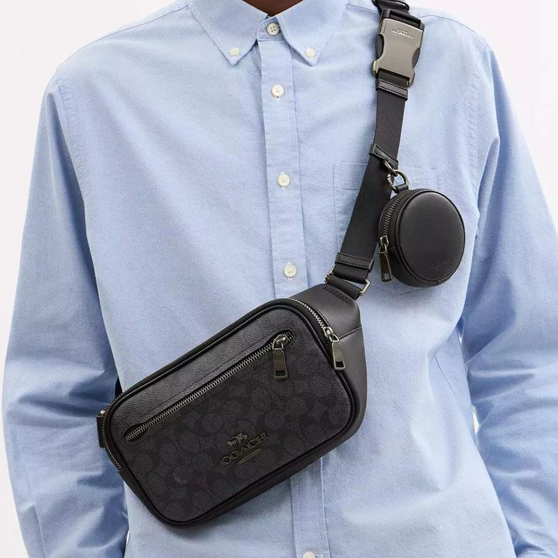 Coach Elias 29 Estampa de Assinatura Fechamento com Zíper Lona Revestida Bolsa de Cintura Grande Bolsa de Cintura Masculina Preto CZ400-QBMI5