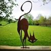Outdoor Rusty Metal Cat Fence Art Halloween Garden Decor, Metal Cat with Top Hat Decoration, Metal Cat Silhouette Yard Statue, Garden Animal Ornament