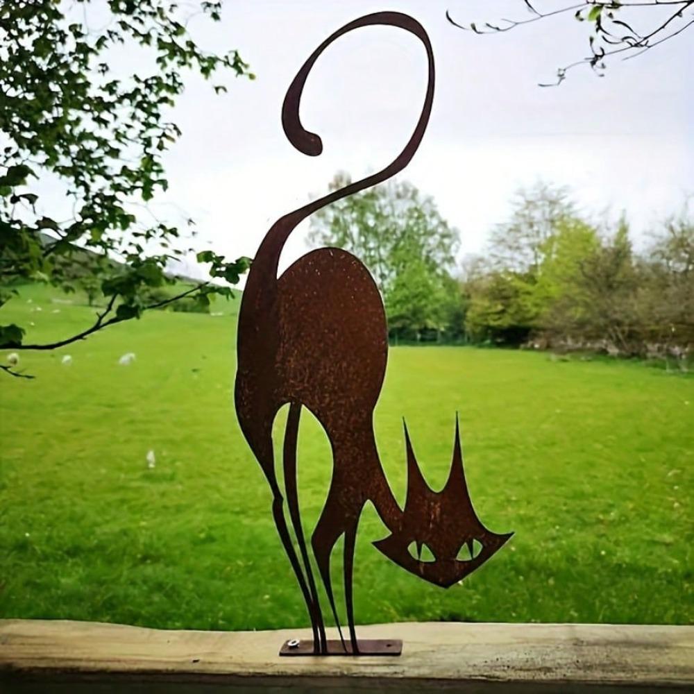 Outdoor Rusty Metal Cat Fence Art Halloween Garden Decor, Metal Cat with Top Hat Decoration, Metal Cat Silhouette Yard Statue, Garden Animal Ornament