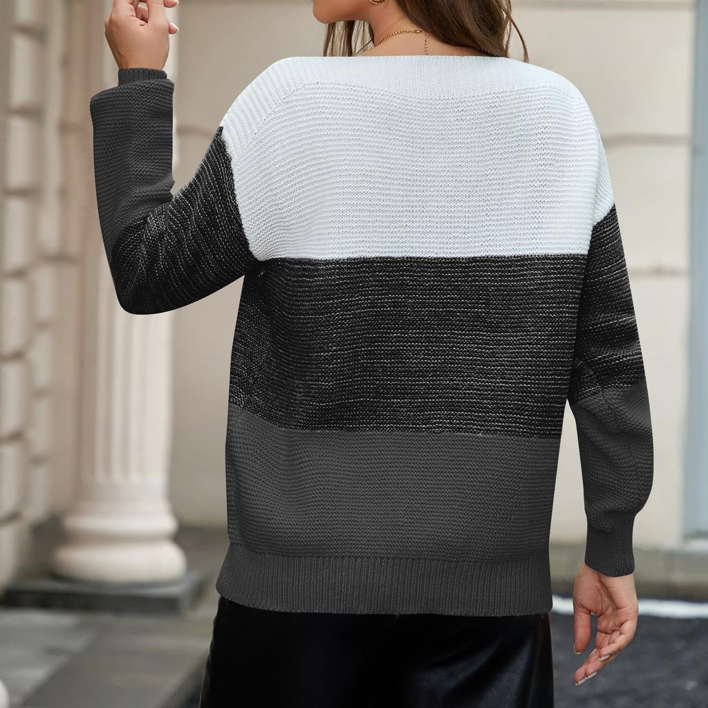 Dámský módní pulovr s dlouhým rukávem a barevným blokováním, pletený svetr top