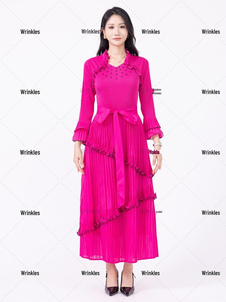 Miyake Pleats Maxi Dress: Light Luxury Ruffle Design, African Style Women's Clothing