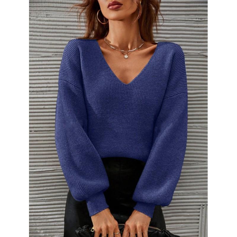 Womens V-Neck Knit Sweater Long Sleeve Loose Fit Solid Color Casual Pullover Office Daily Wear