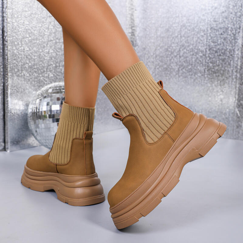 Retro Khaki Thick Bottom Ankle Boots Women 2025 Winter Stretch Fabric Chelsea Boots with Platform Comfort Slip On Shoes