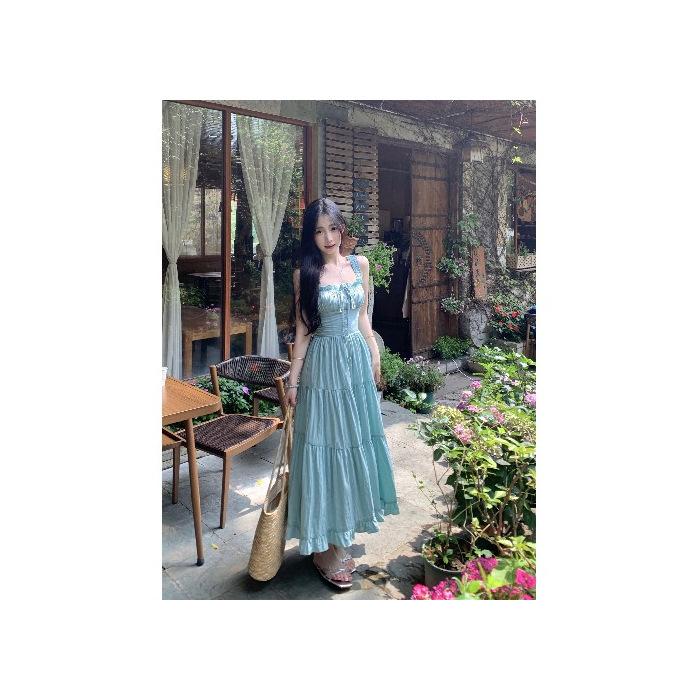 Large size women's clothing summer mint green high-end suspender dress fat mm thin vacation French coffee break dress