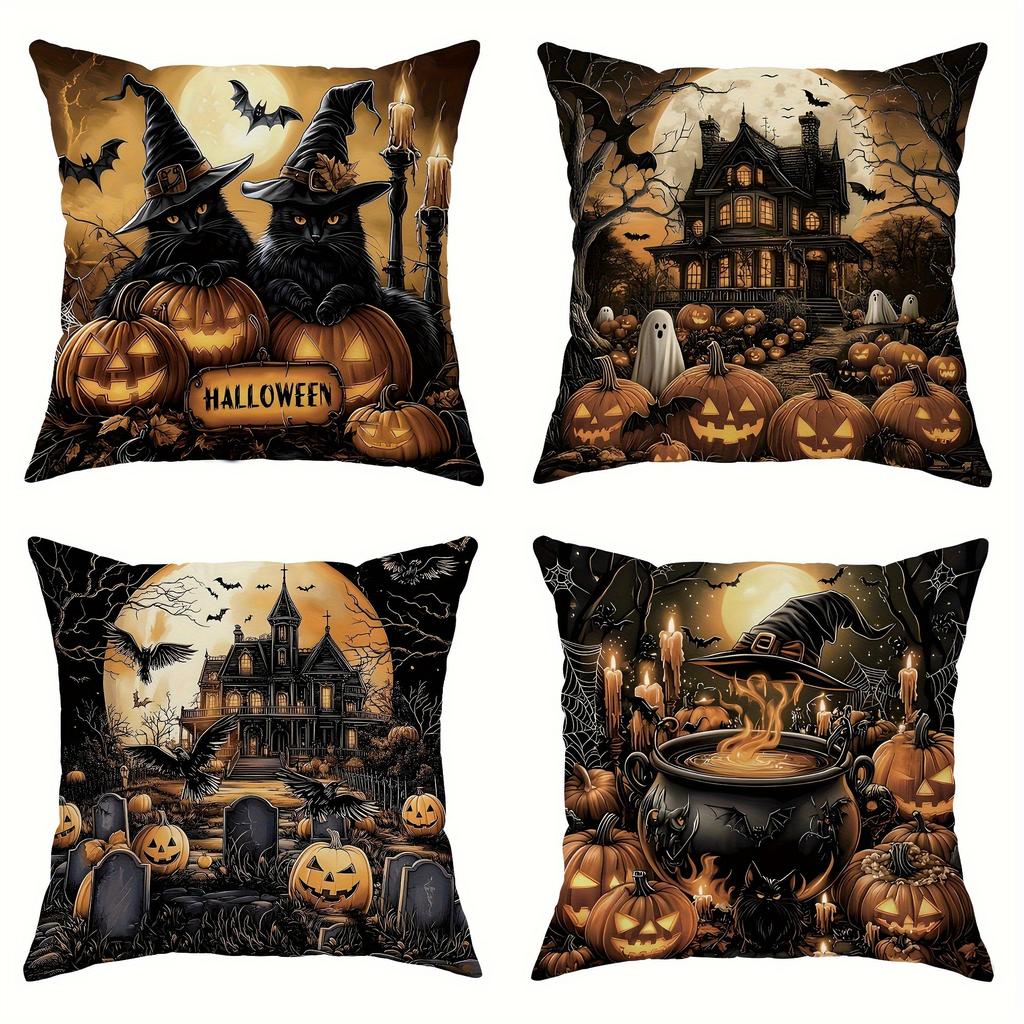 Spooky Halloween Pillow Covers: Witches, Pumpkins, And Haunted Mansions Sofa Cushion Cover Holiday Party Decoration Gift