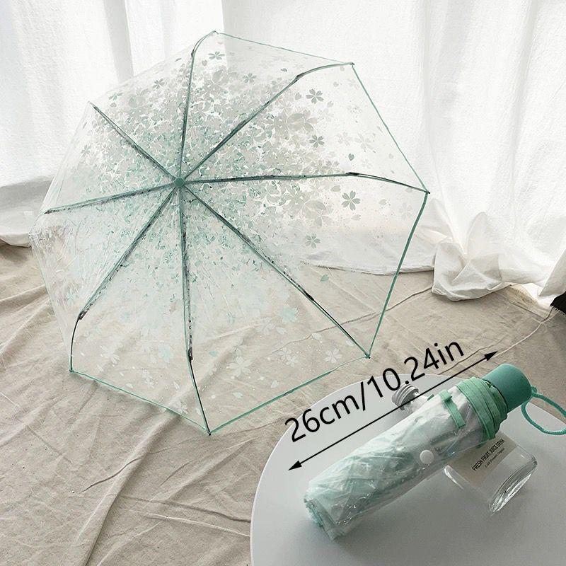 Korean Style Umbrella Folding Cute Goddess Small Fresh Simple Forest Style Three Fold Cherry Blossom Transparent Umbrella