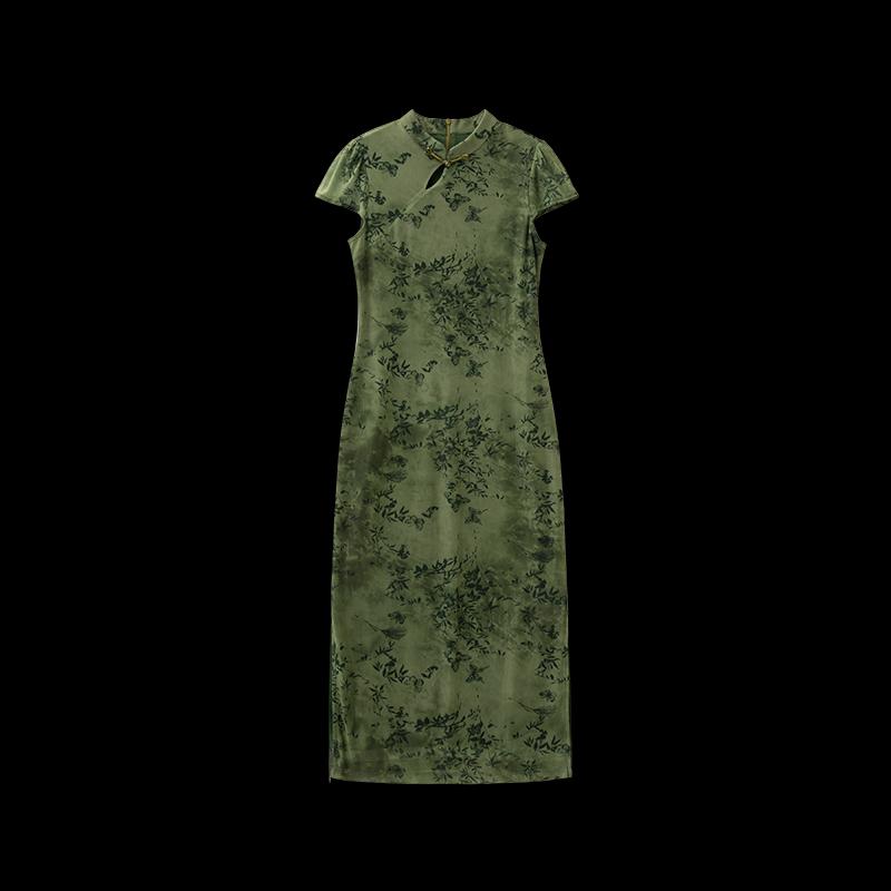 Vintage Floral Stand-Collar Slim Midi Dress with Slit